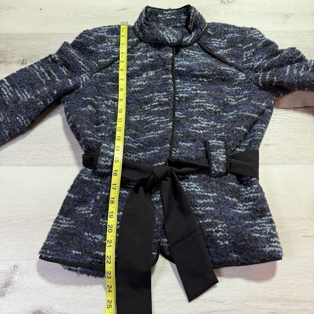 Sandro Tie Waist Blazer Jacket Tweed Textured Wool Blend Blue Black, Size Small - Picture 8 of 12